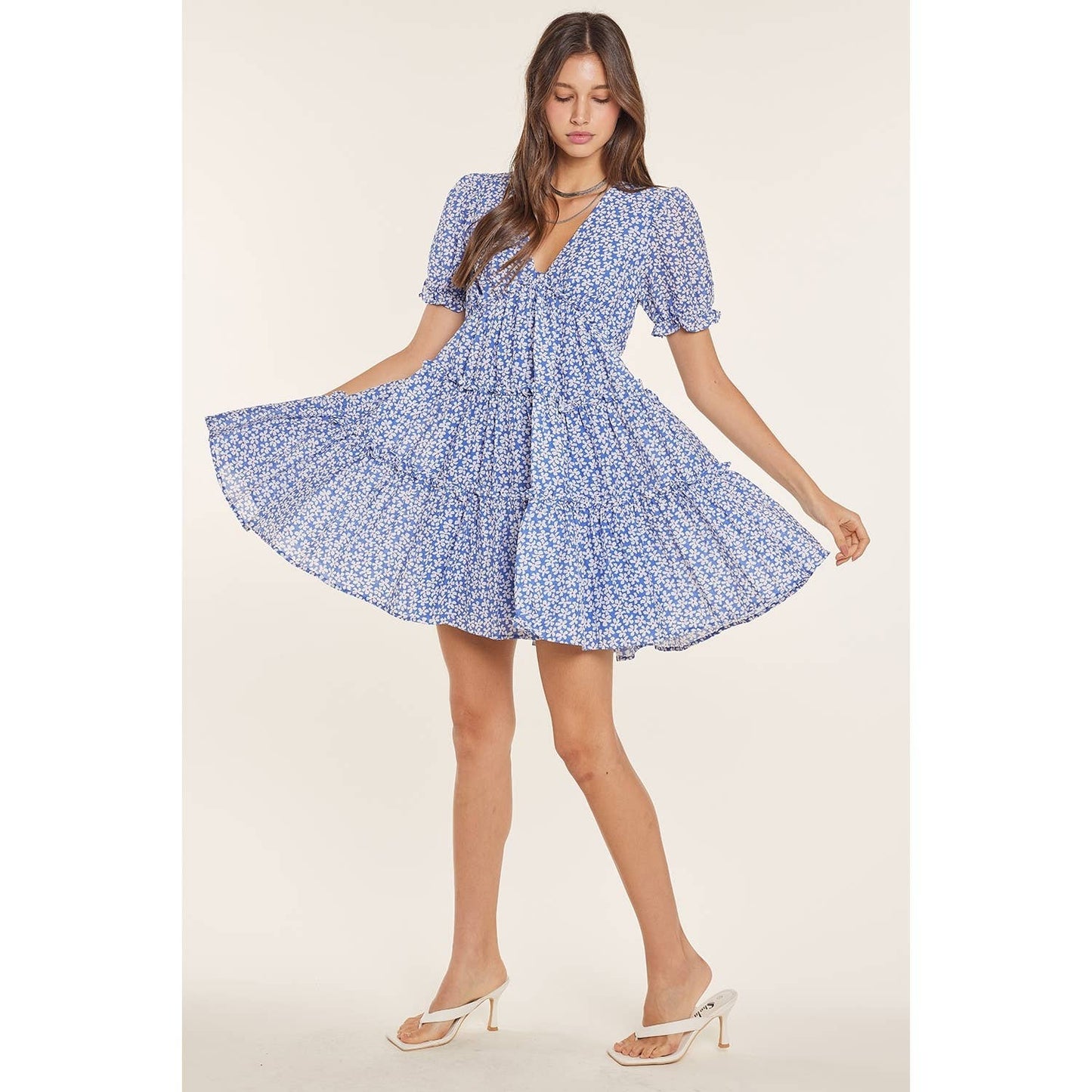 Blue Floral Ruffle Dress