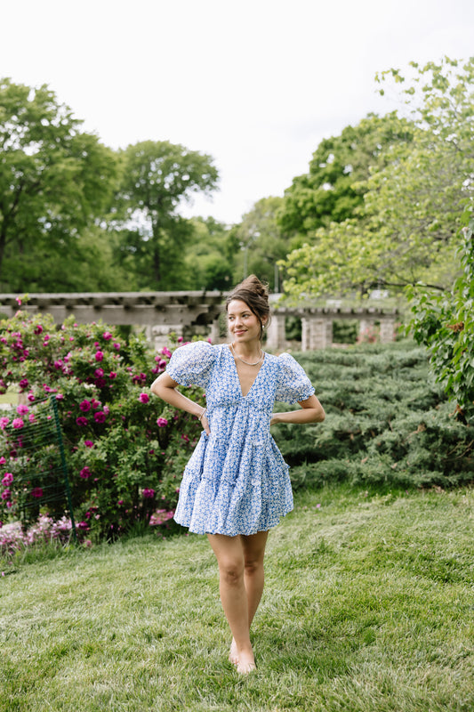 Blue Floral Ruffle Dress
