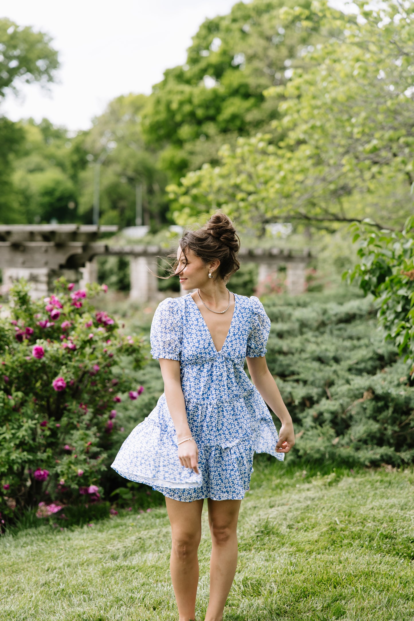 Blue Floral Ruffle Dress