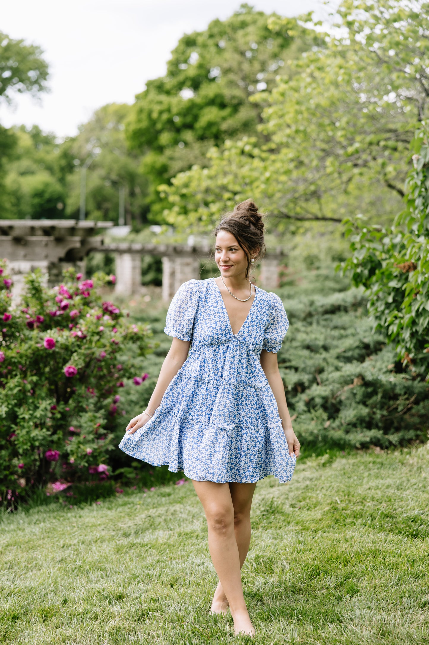 Blue Floral Ruffle Dress