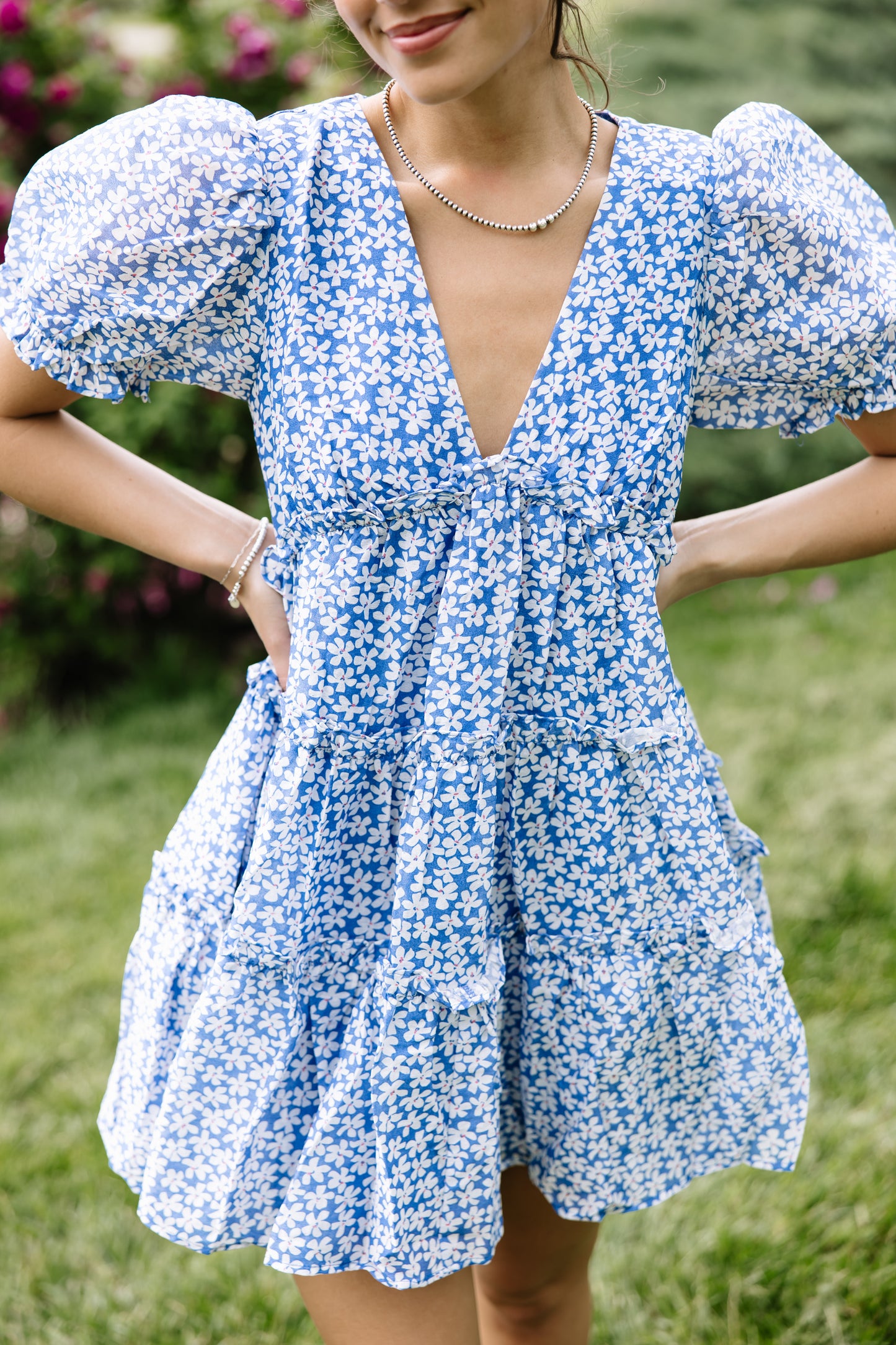 Blue Floral Ruffle Dress