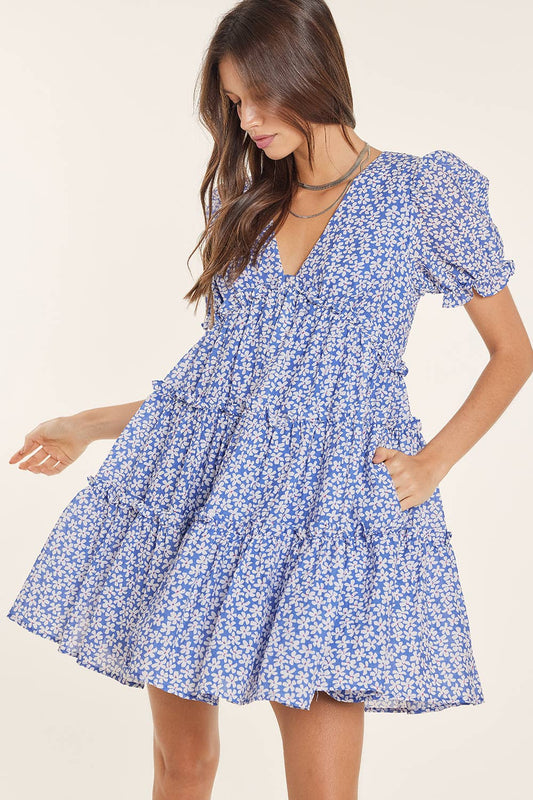 Blue Floral Ruffle Dress